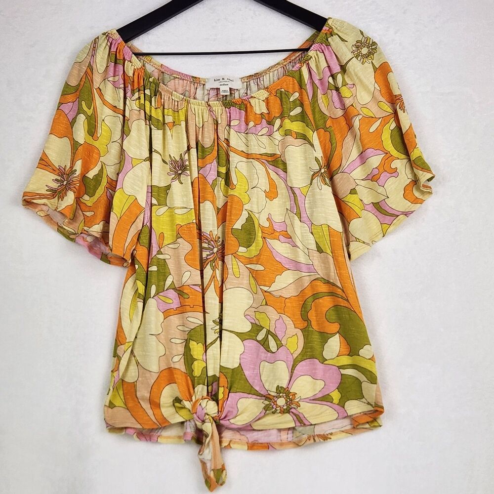 Kim & Cami Flowy Top Medium Retro 60's Floral Print Knot Tie Artsy Deco Mod Boho